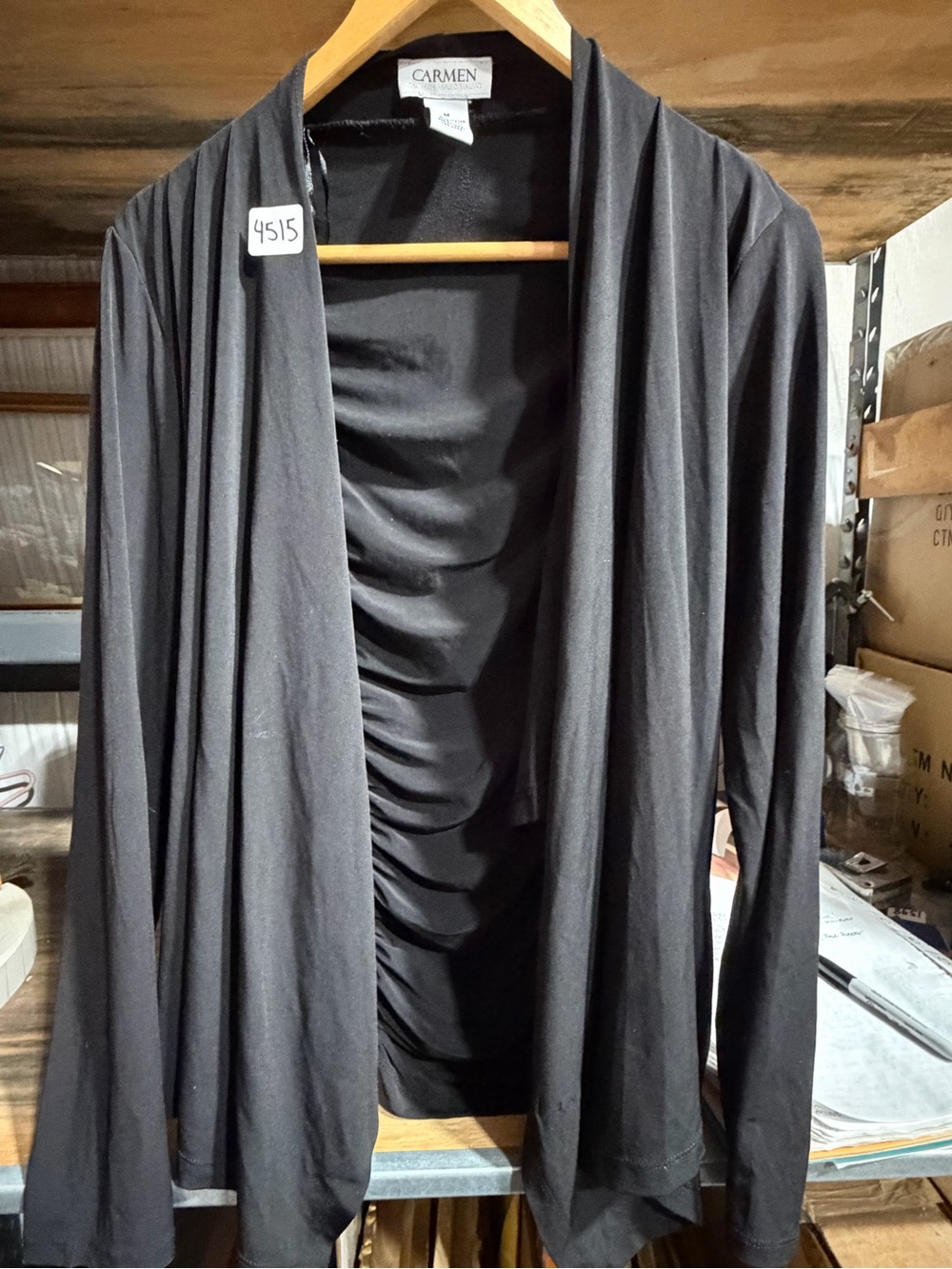 #4515-Carmen Marc Valvo Black Open-Front Ruched Cardigan